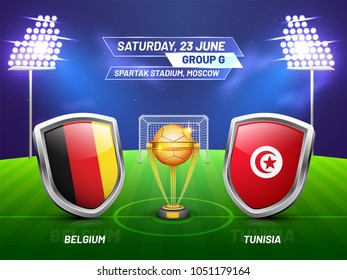 Soccer championship league, match between Belgium v/s Tunisia with golden trophy, and countries flag.