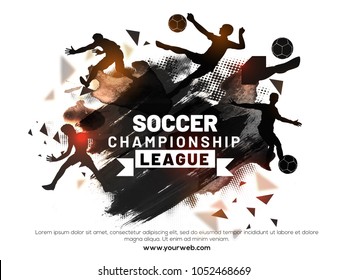 Soccer Championship League with multilple playing actions by soccer players. Abstract grungy brown background.