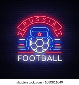 Soccer championship logo neon vector. Soccer neon sign, European Football Cup 2018, Light Banner, Design Template whit Russian Earflaps, Soccer Russia, neon signboard, football advertising. Vector