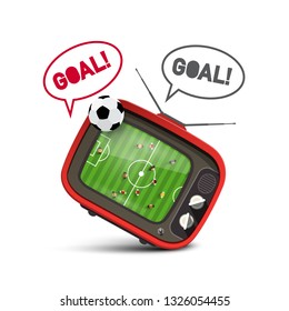 Soccer Championship on TV with Goal Text on Speech Bubble. Vector Football Match on Retro Television with Ball.