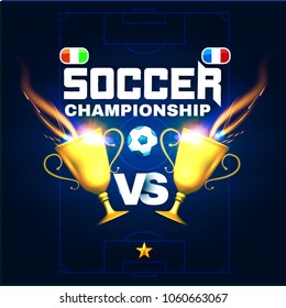 Soccer Championship Poster Layout Design Template with Gold Winner Cup, Ball, Stars, Versus Sign and Lights. Vector illustration