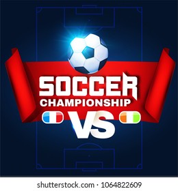 Soccer Championship Poster Layout Design Template with Gold Winner Cup, Ball, Stars, Versus Sign and Lights. Vector illustration