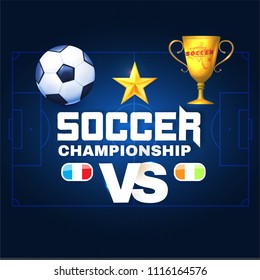 Soccer Championship Poster Layout Design Template with Gold Winner Cup, Ball, Stars, Versus Sign and Lights. Vector illustration