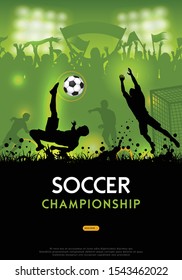 Soccer championship poster with silhouettes football players, soccer ball and silhouettes fans, vector illustration