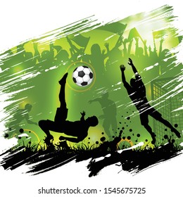 Soccer championship poster with silhouettes football players, soccer ball and silhouettes fans, grunge background, vector illustration