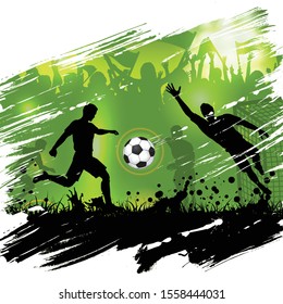 Soccer championship poster with silhouettes football players, soccer ball and silhouettes fans, grunge background, vector illustration