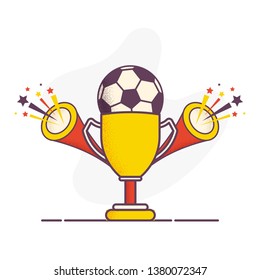 Soccer Championship poster or template design with illustration of soccer trophy award and party popper in flat style.