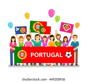 Soccer, championship, sport icon. Fans of Portugal on the podium with posters. Vector illustration