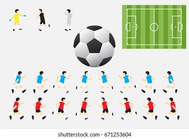 Soccer Characters Including Red &  Blue Players, Referee , Goalkeepers, Green Field, And Football Suitable For Role Play Game, Competition, Or Planning