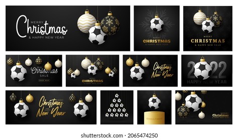 Soccer Christmas card set. Merry Christmas sport greeting card. Hang on a thread football ball as a xmas ball and golden bauble on black background. Sport Vector illustration collection.