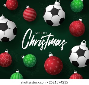 soccer Christmas Greeting card. Merry Christmas and happy new year sport greeting card. Hang on a thread green and red xmas ball bauble on green on background. Sport Vector illustration.