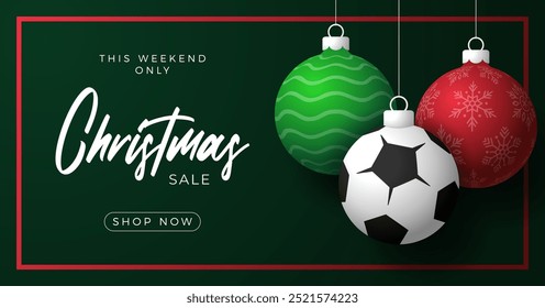 soccer Christmas Greeting card. Merry Christmas and happy new year sport greeting card. Hang on a thread green and red xmas ball bauble on green on background. Sport Vector illustration.