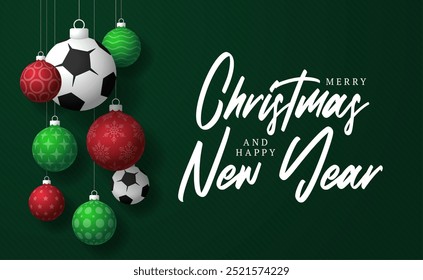 cartão de Natal futebol. Feliz Natal e feliz ano novo cartão de saudação esporte. Pendure em um fio verde e bola xmas vermelho em verde no fundo. Ilustração Sport Vetor.