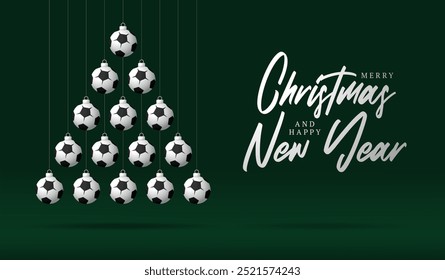 soccer Christmas Greeting card. Merry Christmas and happy new year sport greeting card. Hang on a thread green and red xmas ball bauble on green on background. Sport Vector illustration.