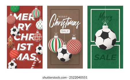 soccer Christmas Greeting grainy card set. Vertical Merry Christmas and happy new year sport retro greeting card. Hang on a thread xmas ball bauble on noise stipple background..