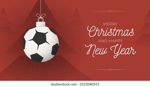 soccer Christmas Greeting grainy card. Merry Christmas and happy new year sport retro greeting card. Hang on a thread xmas ball bauble on noise red stipple background..