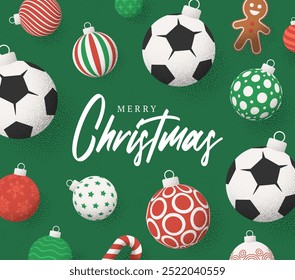 soccer Christmas Greeting grainy card. Merry Christmas and happy new year sport retro greeting card. Hang on a thread xmas ball bauble on noise green stipple background..