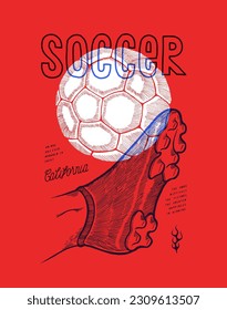 Soccer cleat and a ball. Football boot hitting the ball vintage typography silkscreen t-shirt print vector illustration.