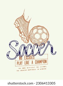 Soccer cleat and a ball vintage typography silkscreen t-shirt print vector illustration.