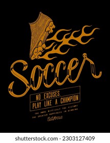 Soccer cleat on the fire. Football vintage typography silkscreen t-shirt print vector illustration.