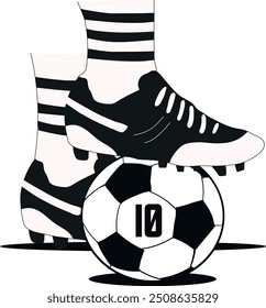 Ilustração em preto e branco de chuteiras de futebol colocadas em uma bola com o número 10. A imagem capta o espírito do futebol, simbolizando técnica e precisão. Ideal para uso em esportes