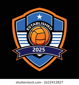Soccer club badge with a blue shield, orange border, and a central soccer ball, including "Established 2025" text and a star, representing pride and tradition in team branding.