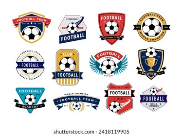 Colección de insignias del club de fútbol. Emblemas del equipo de fútbol con pelotas de fútbol, etiquetas del torneo deportivo conjunto vectorial del emblema del logo del club, ilustración del equipo blindado