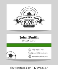 Soccer club business card template in green and white. Football coach card. Vector illustration