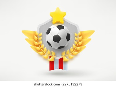 Soccer club emblem with ball and shield. 3d badge isolated on white background