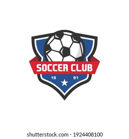 Soccer Club Emblem. Football Badge Shield Logo, Soccer Ball Team Game Club Elements, Vector Logo Illustration Fit To Championship Or Team