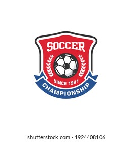 Soccer Club Emblem. Football Badge Shield Logo, Soccer Ball Team Game Club Elements, Vector Logo Illustration Fit To Championship Or Team