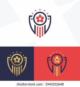 Soccer Club Emblem. Football Badge Shield Logo, Soccer Ball Team Game Club Elements, Vector Logo Illustration Fit To Championship Or Team