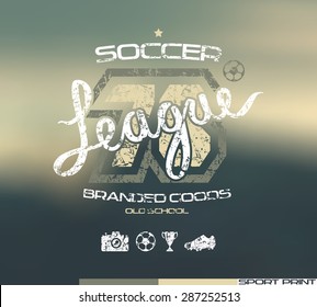 Soccer club emblem in retro style. Graphic design for t-shirt. Color  print on blurred background