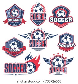 Soccer club, football sport game badge set. Soccer ball on heraldic shield with wing, flame, ribbon banner and laurel wreath for football sporting club or team emblem design