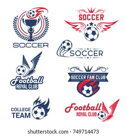 Soccer club or football tournament and championship icons set. Vector isolated goal gates, soccer ball flying with spread wings and winner cup goblet for football league fan club or sport game contest