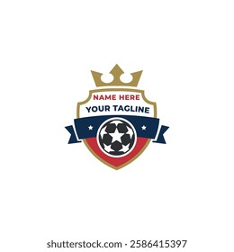 Soccer Club Logo Badge – Football Team Emblem with Shield and Crown Design. Fully customizable and scalable vector design for print and digital use