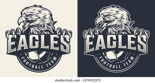 Soccer club monochrome badge with angry eagle mascot holding club name inscription in vintage style isolated vector illustration