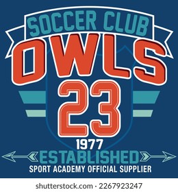 Soccer Club Owls, with number 23 College Design fashion style, cool colors in red and sky.