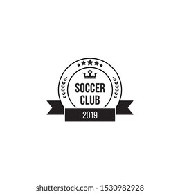 Soccer club stamp icon - flat circle with text and crown symbol decorated with wreath and ribbon flag with year 2019. Royal football team logo - isolated vector illustration