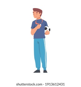 Soccer Coach, Male Football Trainer in Sports Uniform Standing with Whistle and Soccer Ball Cartoon Style Vector Illustration
