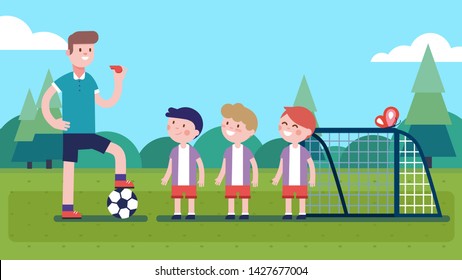 Soccer Coach Man Holding Whistle, Stepping On Ball & Teaching Boys Players On Field. Happy Kids Training Playing Football Sport Game. Children & Teacher Cartoon Characters. Flat Vector Illustration