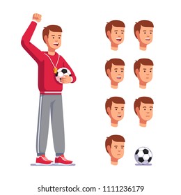 Soccer Coach Man Shouting Raising Clenched Hand, Football Trainer Standing With Soccer Ball. Soccer Game Coach Clipart Template Heads Faces Expressing Emotions Set. Flat Vector Isolated Illustration