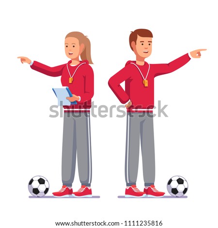 Soccer coach man and woman pointing finger talking instructing football team standing next to soccer balls, holding paperclip notes. Football game coach in uniform. Flat vector illustration
