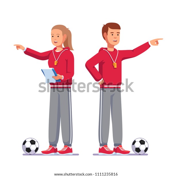 サッカーの男性と女性の指で指で指で指し示す指で指し示すサッカーチームに クリップのメモを持たせる フットボールの制服のコーチ 平らなベクター画像イラスト のベクター画像素材 ロイヤリティフリー