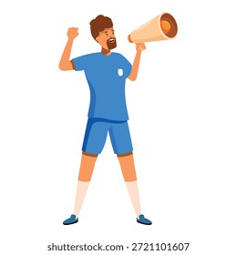 Treinador de futebol motivando os jogadores usando megafone durante a partida, fornecendo orientação e aumentando o moral da equipe