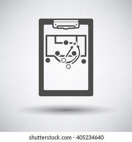 Soccer coach tablet with scheme of game icon on gray background with round shadow. Vector illustration.