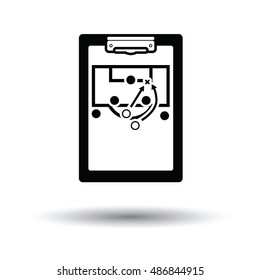 Soccer coach tablet with scheme of game icon. White background with shadow design. Vector illustration.