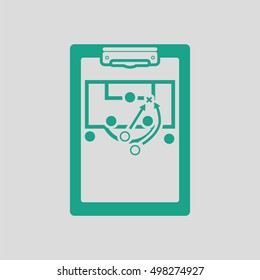 Soccer coach tablet with scheme of game icon. Gray background with green. Vector illustration.