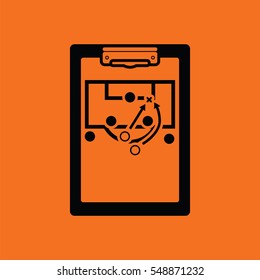 Soccer coach tablet with scheme of game icon. Orange background with black. Vector illustration.