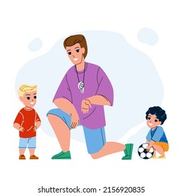 Soccer Coach Training Children On Stadium Vector. Man Soccer Coach Explain Rules Of Sport Game And Study Kids On Football Playground. Characters Sportive Activity Flat Cartoon Illustration
